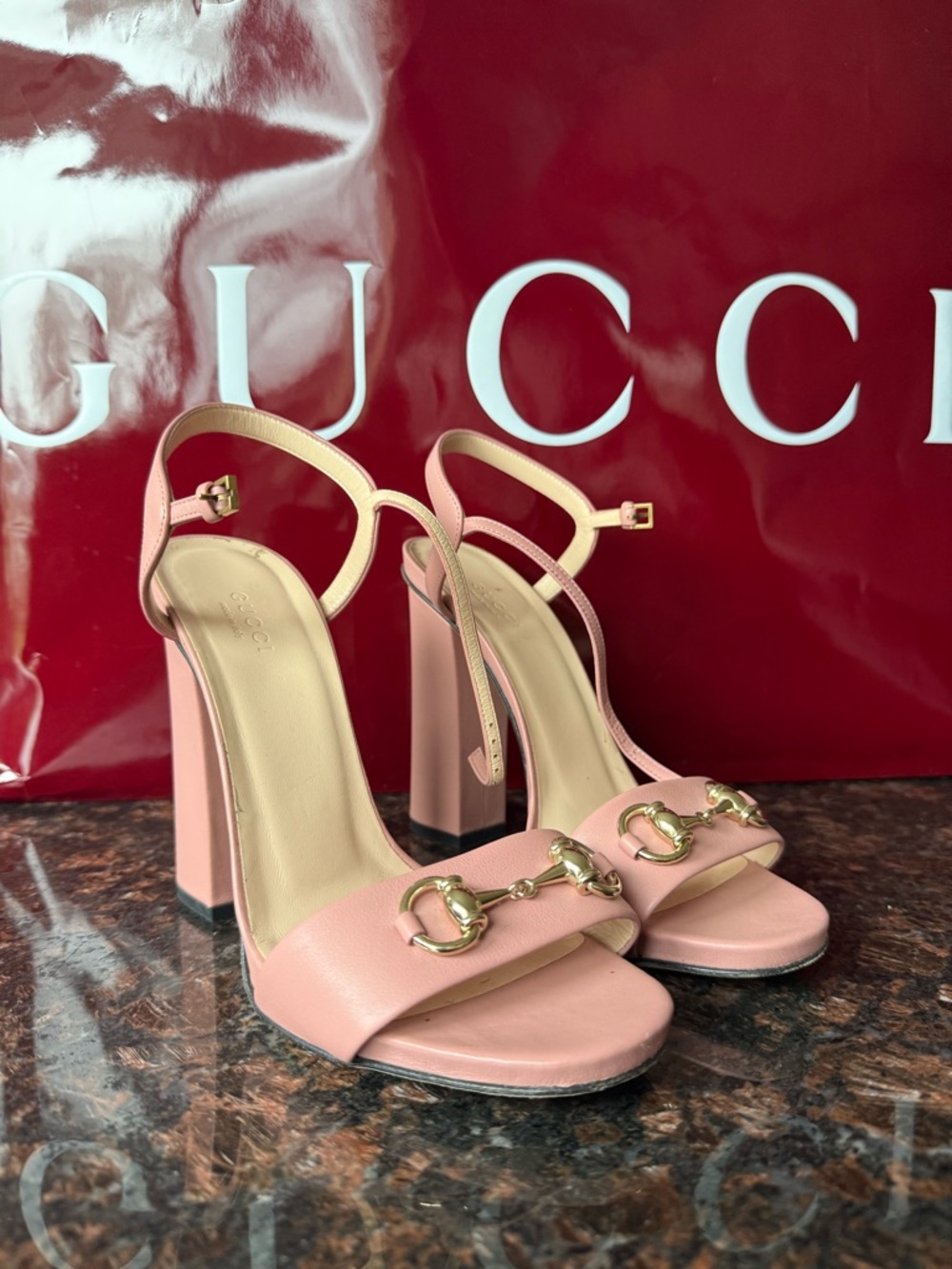 Gucci Pink Leather Horsebit Block Heel Sandals